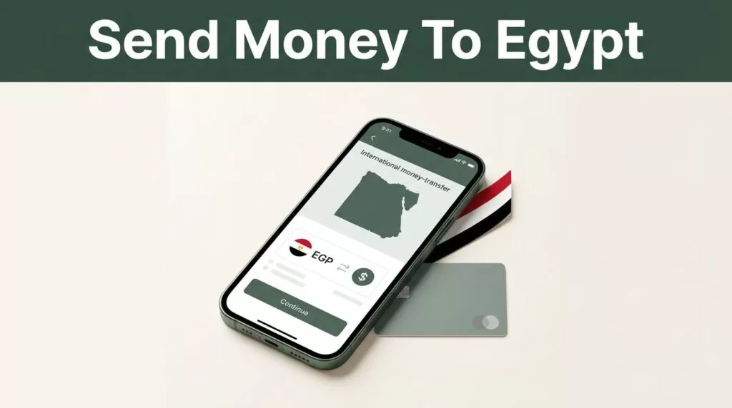 A smartphone showing an Egypt money transfer app beside a payment card.