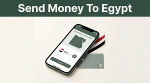 A smartphone showing an Egypt money transfer app beside a payment card.