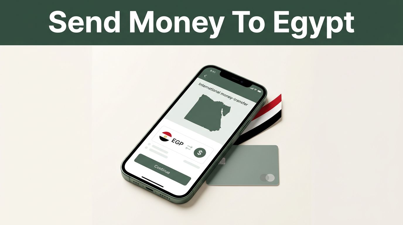 A smartphone showing an Egypt money transfer app beside a payment card.