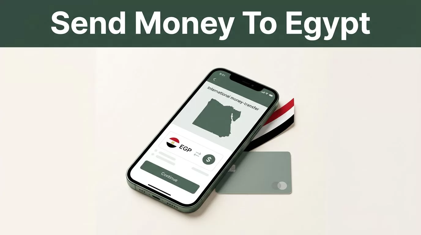 A smartphone showing an Egypt money transfer app beside a payment card.