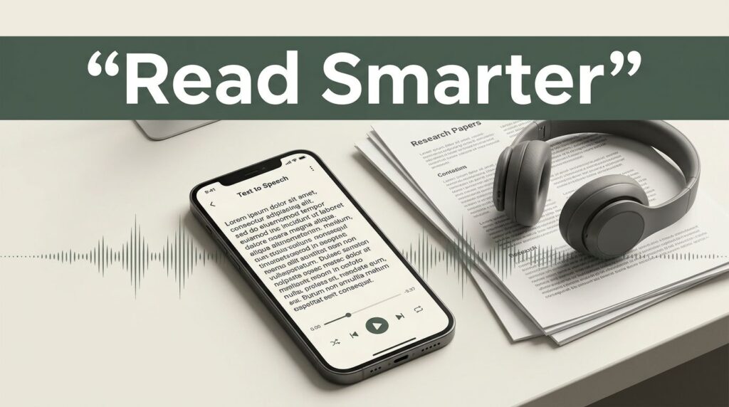 A smartphone with a text app sits on a desk next to papers and headphones.