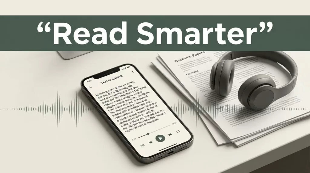 A smartphone with a text app sits on a desk next to papers and headphones.