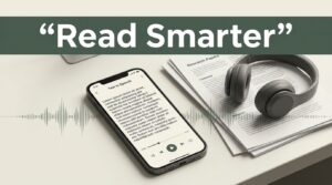 A smartphone with a text app sits on a desk next to papers and headphones.