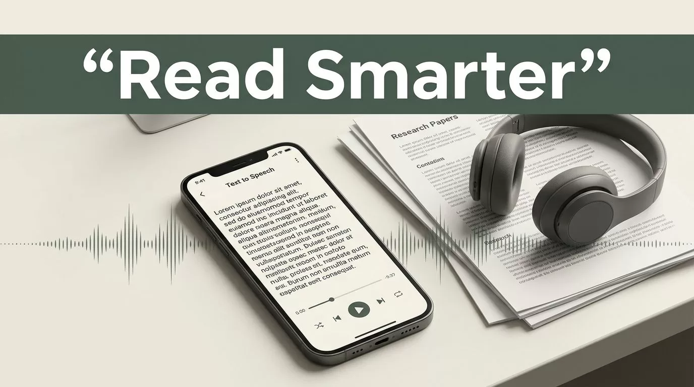 A smartphone with a text app sits on a desk next to papers and headphones.