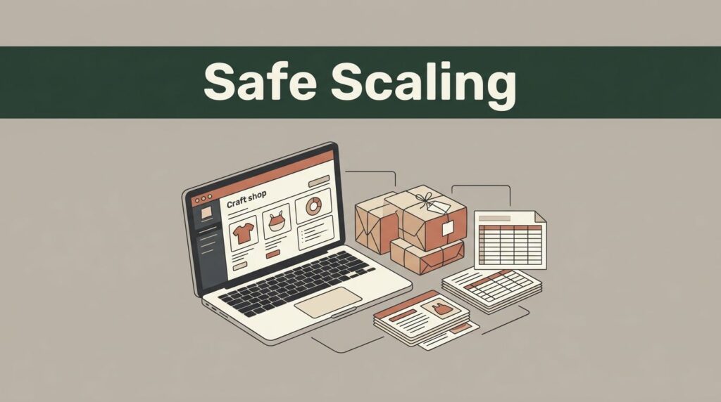Laptop dashboard beside packed craft parcels and inventory cards under a green Safe Scaling banner.
