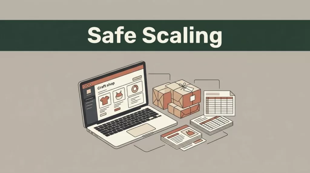 Laptop dashboard beside packed craft parcels and inventory cards under a green Safe Scaling banner.