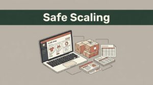 Laptop dashboard beside packed craft parcels and inventory cards under a green Safe Scaling banner.