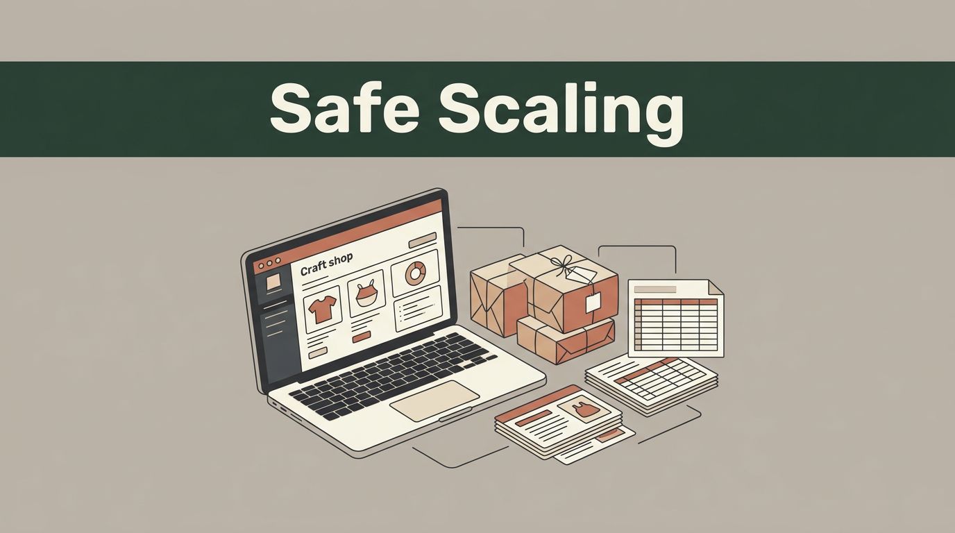 Laptop dashboard beside packed craft parcels and inventory cards under a green Safe Scaling banner.