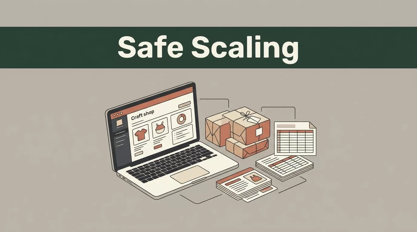 Laptop dashboard beside packed craft parcels and inventory cards under a green Safe Scaling banner.