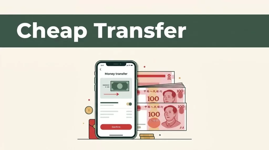 A smartphone displaying a money transfer app beside Chinese yuan banknotes.