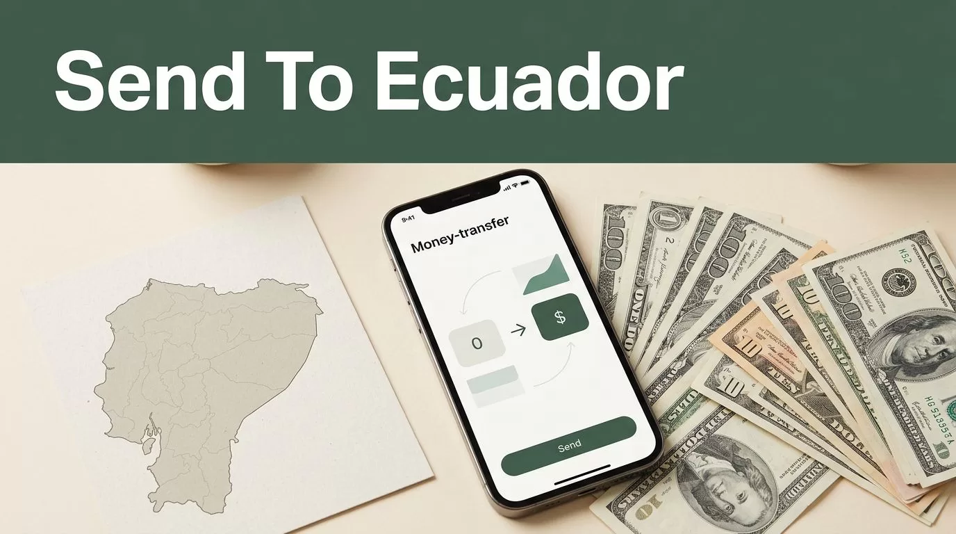 A smartphone with a money transfer app and Ecuadorian banknotes on a desk.