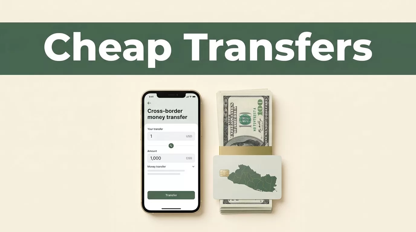 A smartphone displaying a transfer app beside stacked dollar bills and a map card.