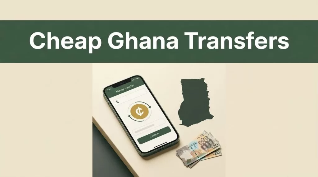A smartphone displaying a money transfer app with cedi notes and a Ghana map on a desk.