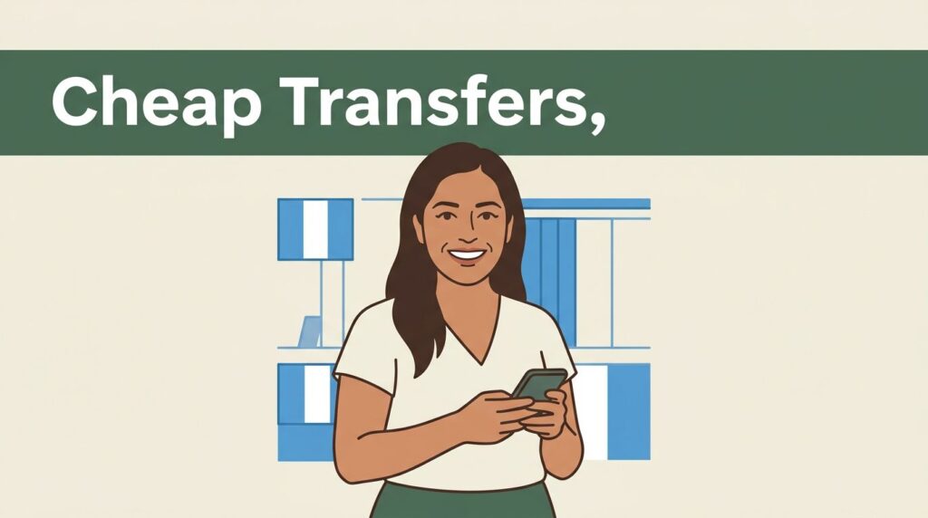 A smiling woman holding a smartphone against a cream and blue background.