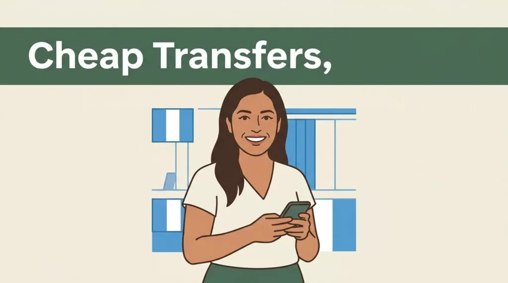 A smiling woman holding a smartphone against a cream and blue background.