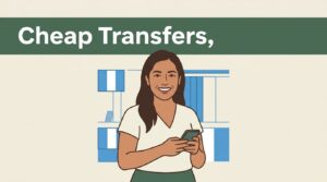 A smiling woman holding a smartphone against a cream and blue background.