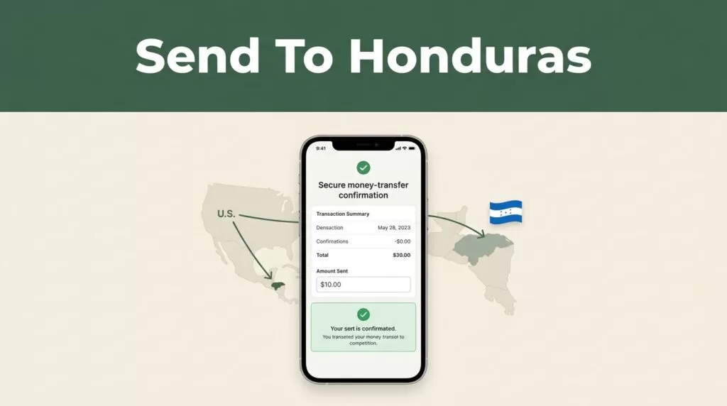 A smartphone showing a secure transfer confirmation next to a Honduran flag and route map.