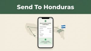 A smartphone showing a secure transfer confirmation next to a Honduran flag and route map.