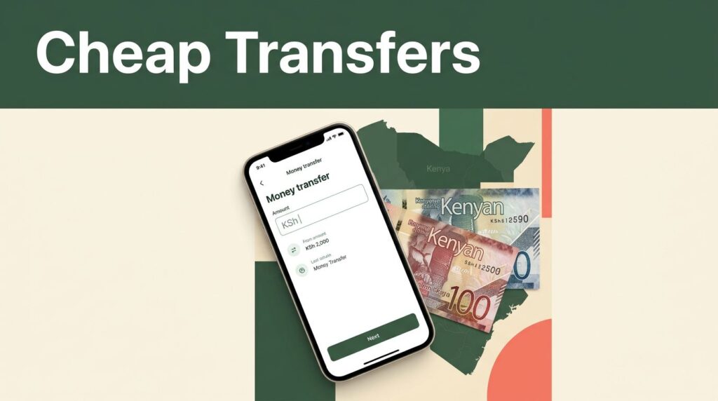 A smartphone displaying a transfer app next to Kenyan currency on a cream background.