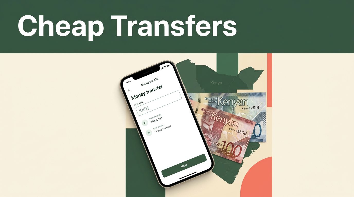 A smartphone displaying a transfer app next to Kenyan currency on a cream background.