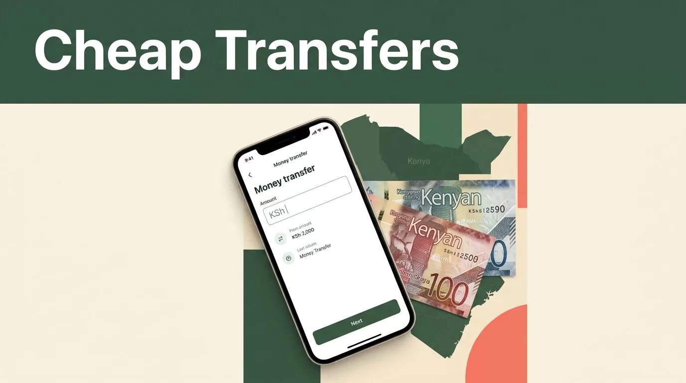 A smartphone displaying a transfer app next to Kenyan currency on a cream background.
