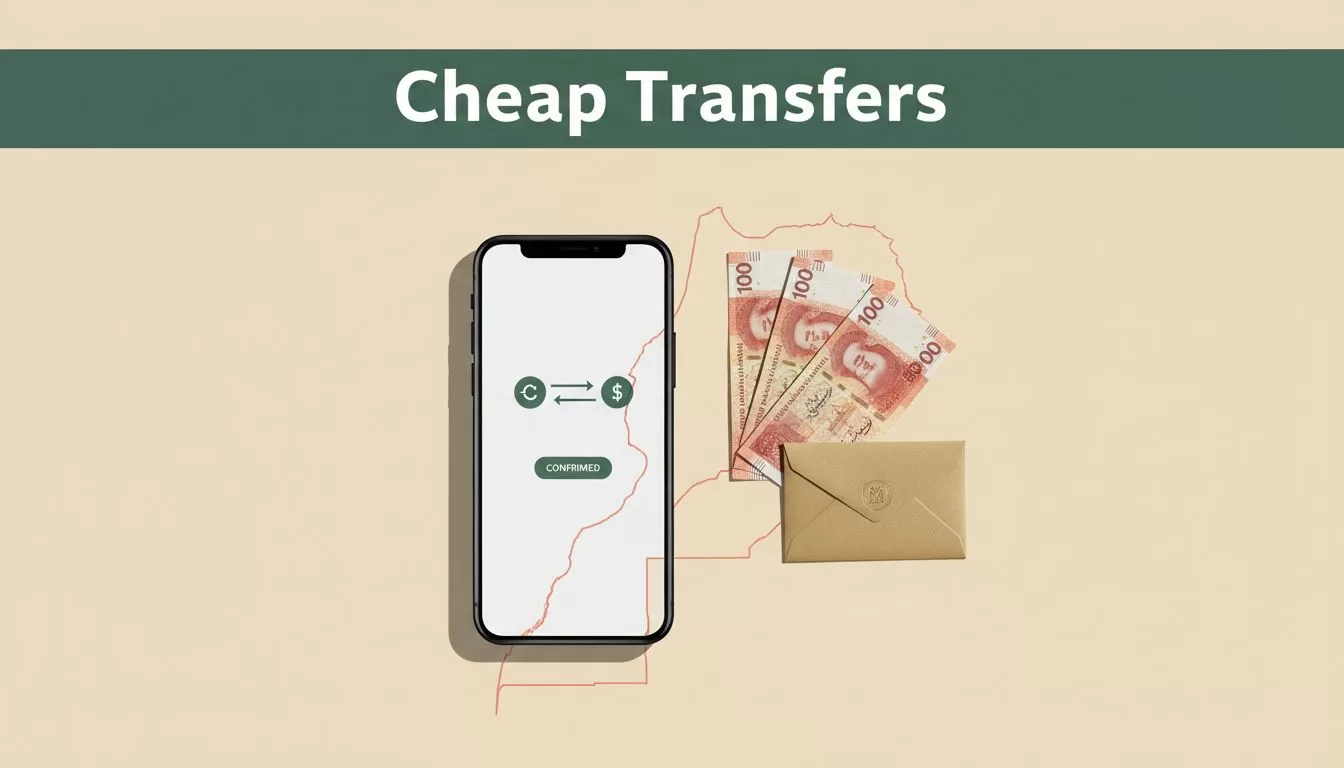 A smartphone displaying a transfer confirmation next to Moroccan currency and a map silhouette.