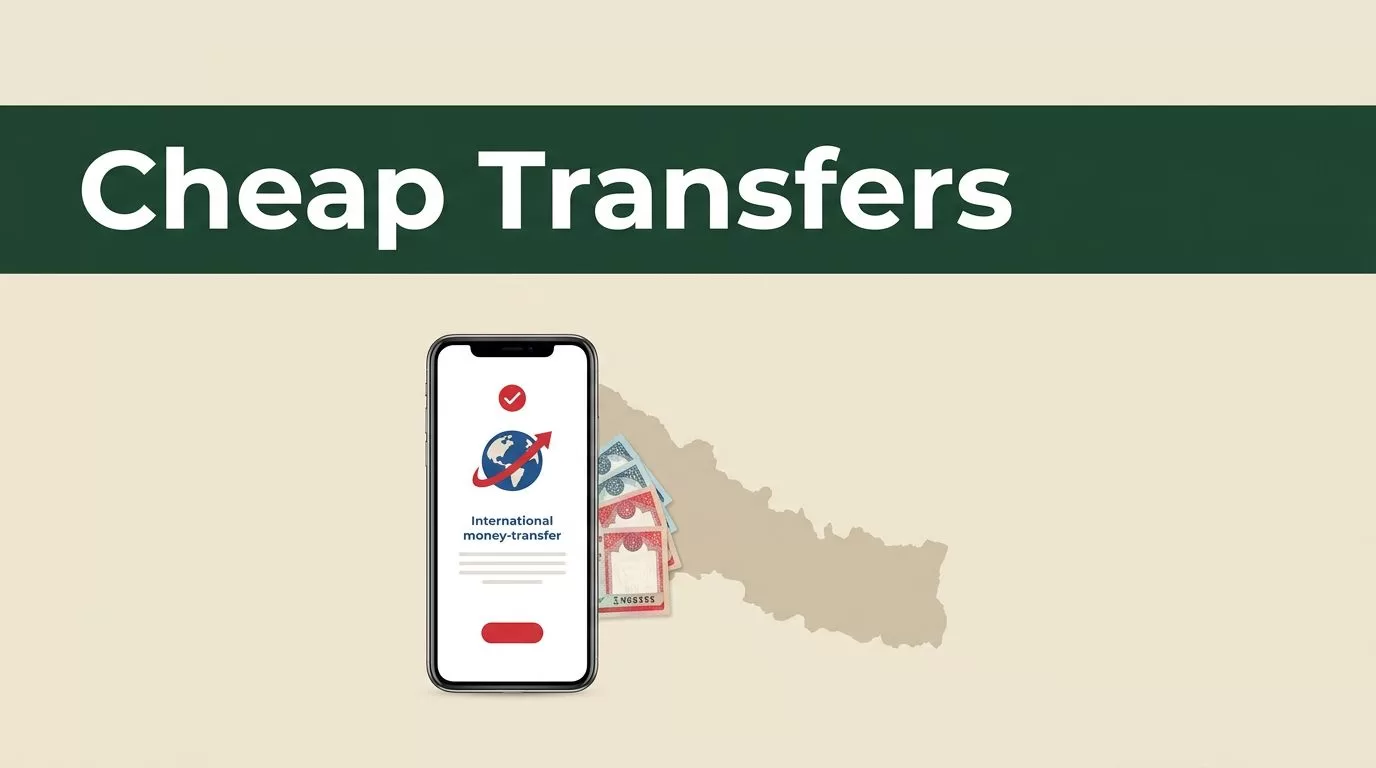 A smartphone showing a transfer screen beside Nepalese rupee notes on a cream background.