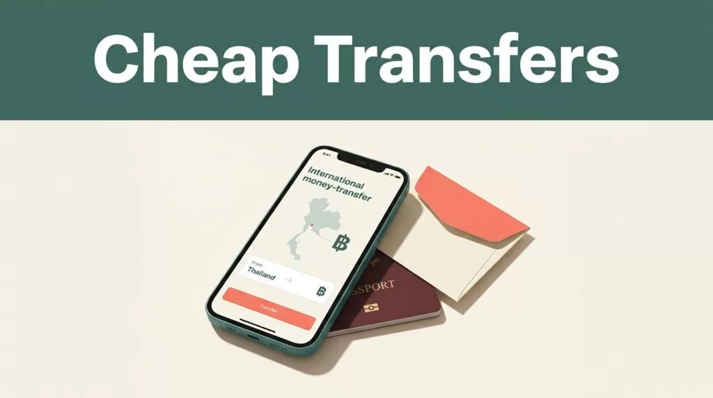 A smartphone showing a transfer app next to a passport on a table.