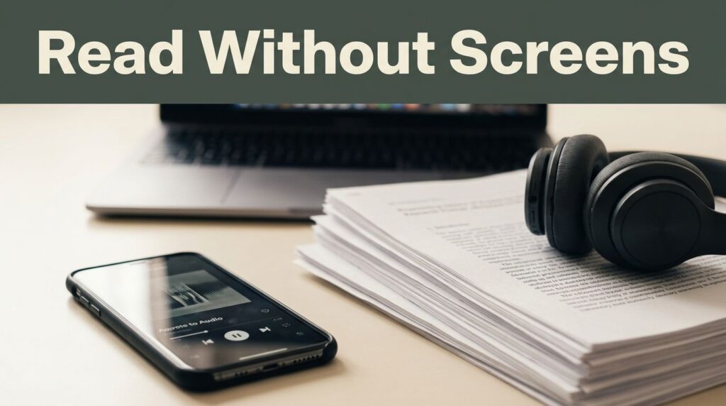 A smartphone playing audio next to research papers and headphones on a calm desk.