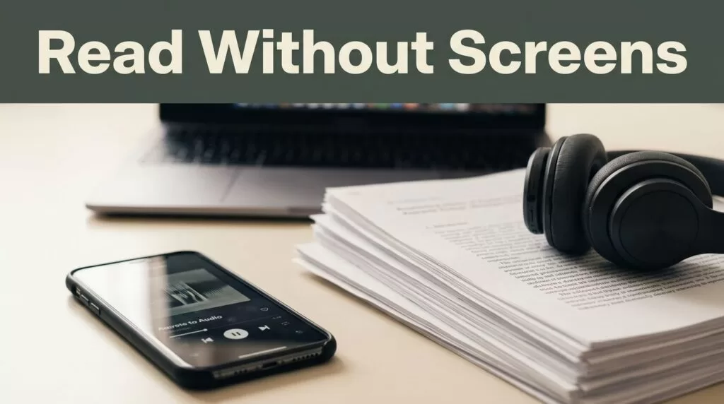 A smartphone playing audio next to research papers and headphones on a calm desk.
