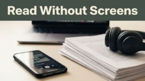 A smartphone playing audio next to research papers and headphones on a calm desk.