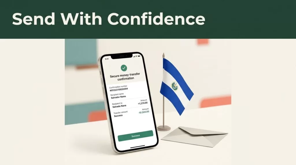 A smartphone showing a secure money transfer confirmation next to a Salvadoran flag.