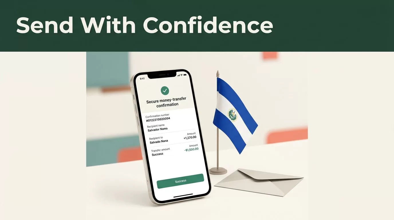 A smartphone showing a secure money transfer confirmation next to a Salvadoran flag.