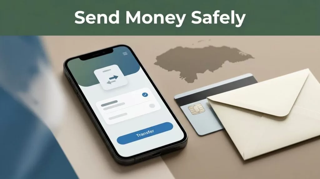 A smartphone showing a money transfer app beside a bank card and envelope.