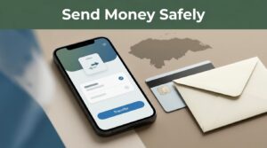 A smartphone showing a money transfer app beside a bank card and envelope.