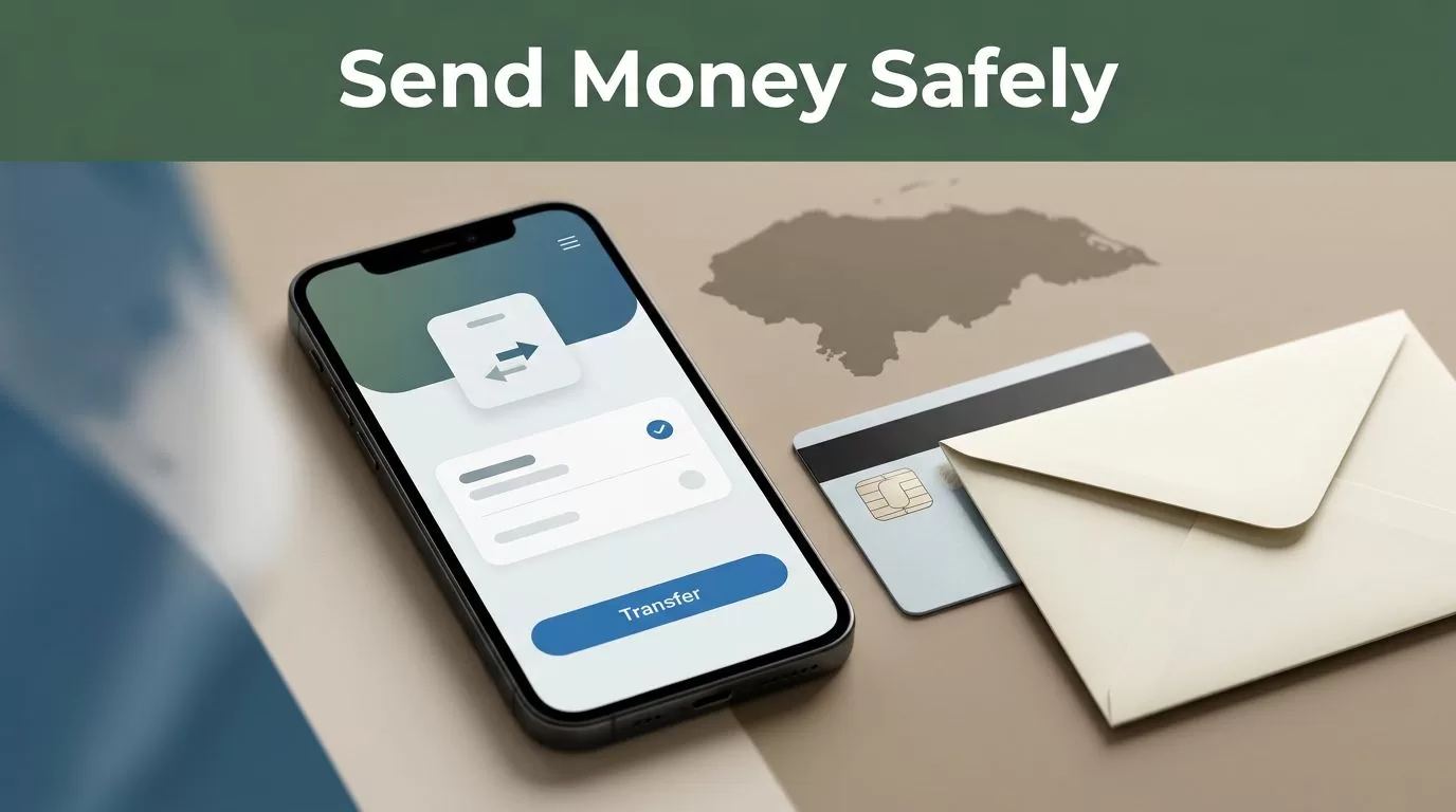 A smartphone showing a money transfer app beside a bank card and envelope.