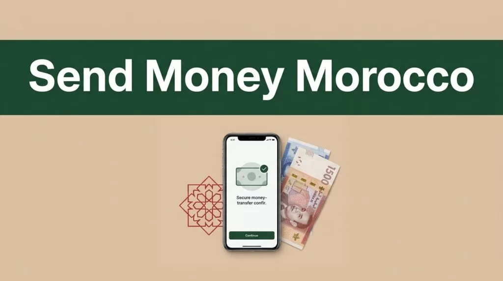 A smartphone showing a payment confirmation next to Moroccan currency on a beige background.