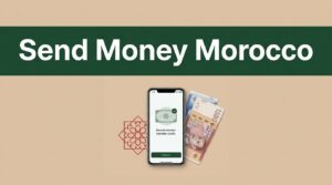 A smartphone showing a payment confirmation next to Moroccan currency on a beige background.