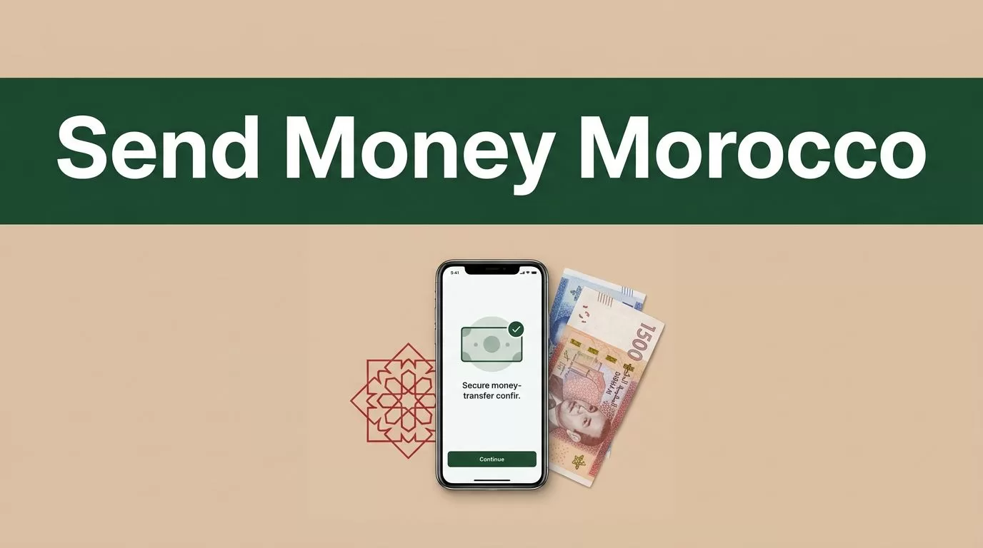 A smartphone showing a payment confirmation next to Moroccan currency on a beige background.