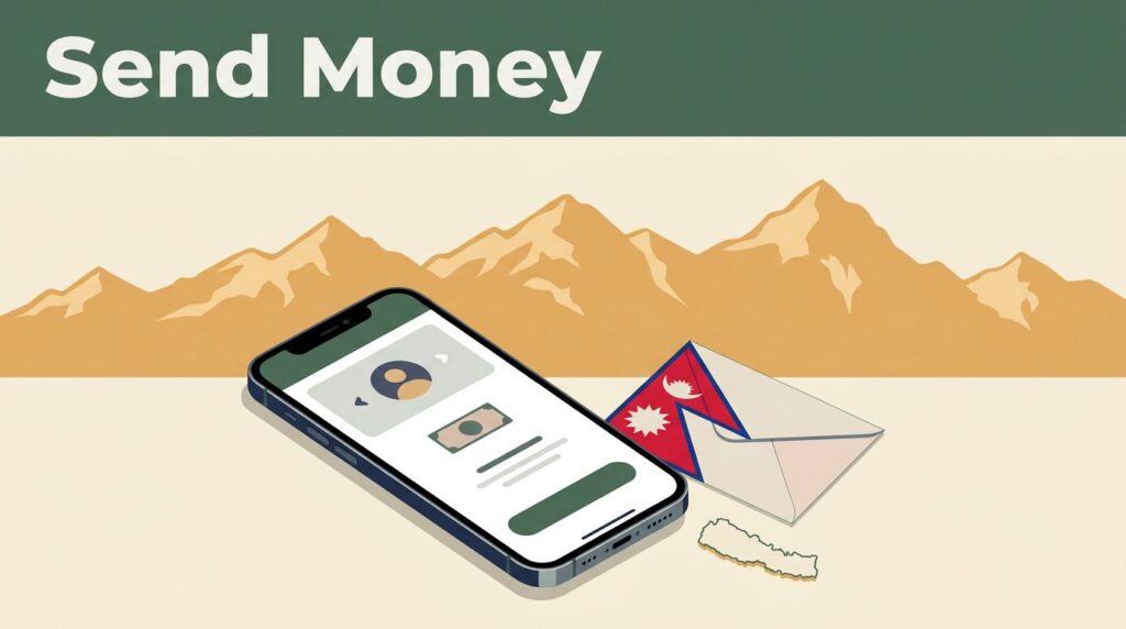 A smartphone showing a money transfer app beside a Nepal-themed envelope and map graphic.