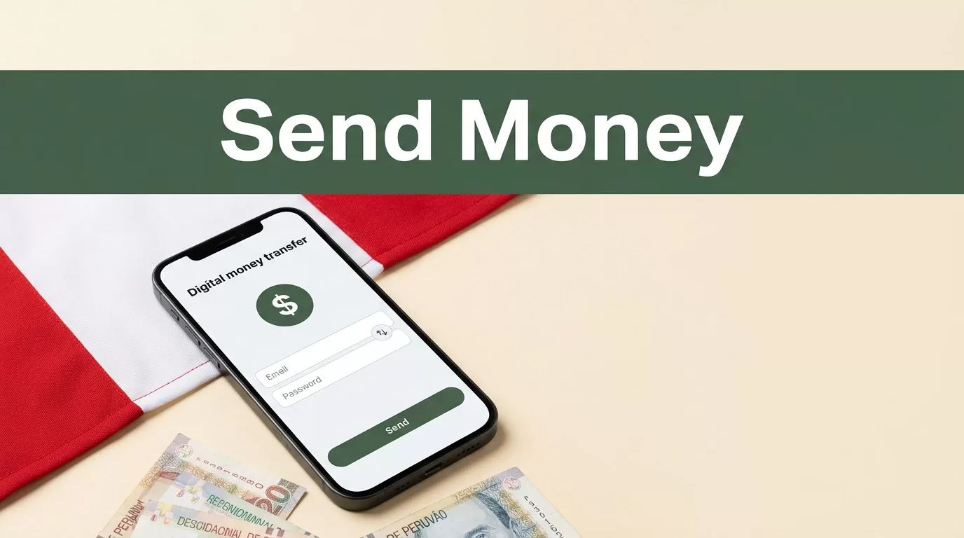 A smartphone showing a secure transfer app sits next to Peruvian currency and red-and-white accents.