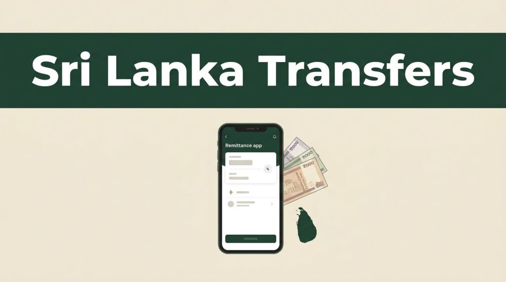 A smartphone showing a money transfer app beside Sri Lankan currency and a country map.