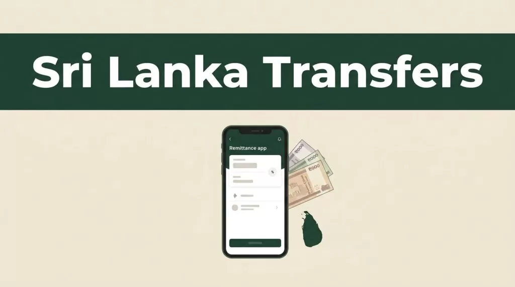 A smartphone showing a money transfer app beside Sri Lankan currency and a country map.
