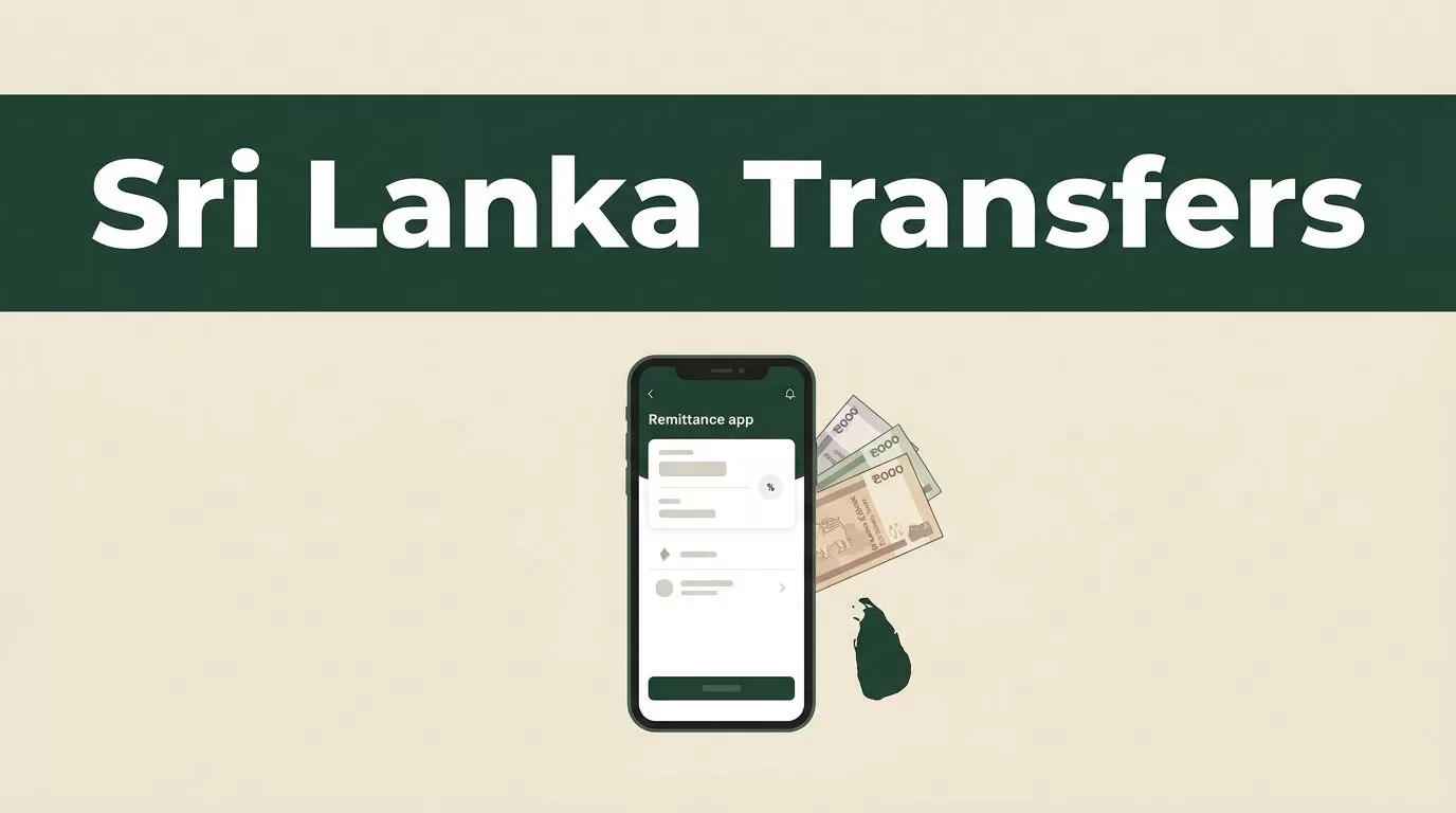 A smartphone showing a money transfer app beside Sri Lankan currency and a country map.