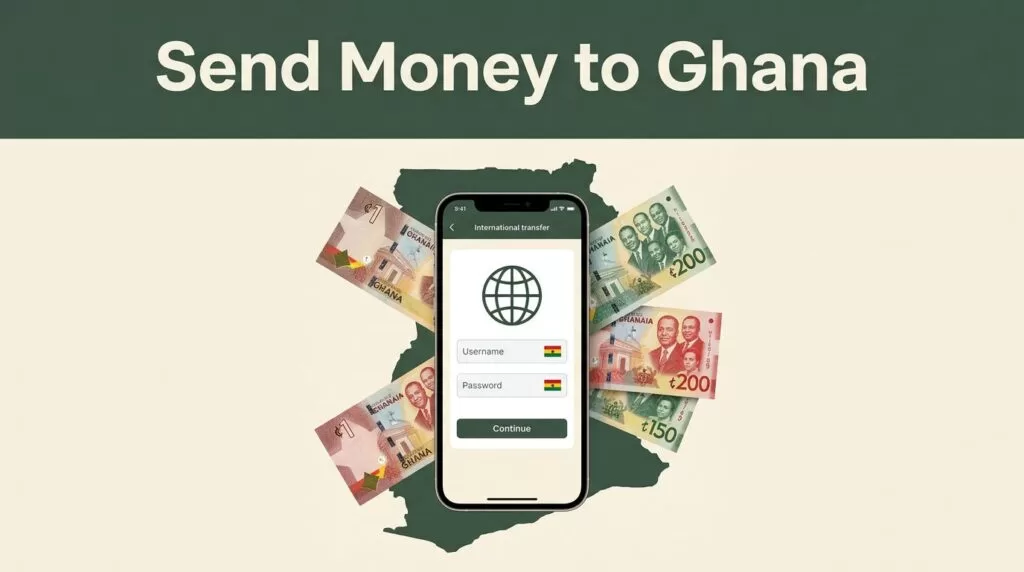 A smartphone showing a transfer screen with cedi notes and a Ghana map graphic.