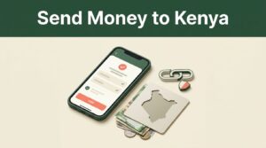 A smartphone showing a transfer confirmation beside Kenyan currency.