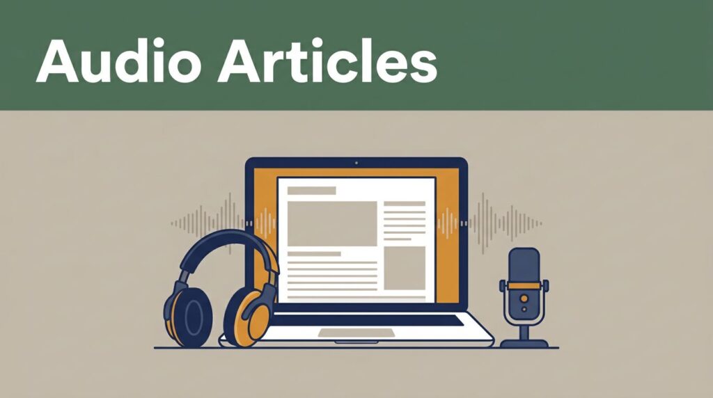 An editorial illustration of a laptop, headphones, and microphone on a desk with sound waves.