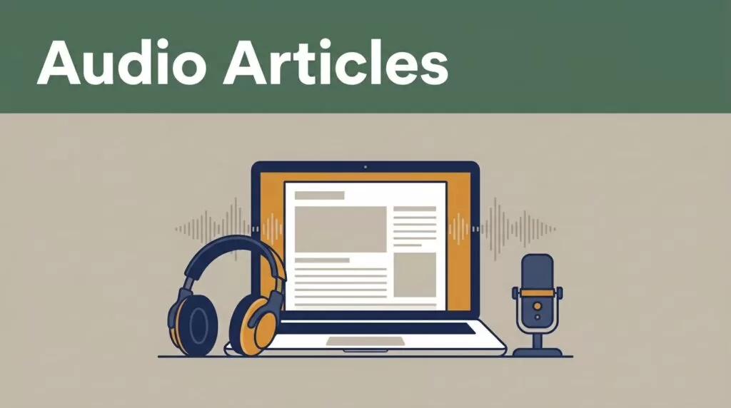 An editorial illustration of a laptop, headphones, and microphone on a desk with sound waves.