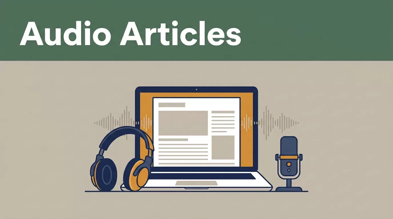 An editorial illustration of a laptop, headphones, and microphone on a desk with sound waves.