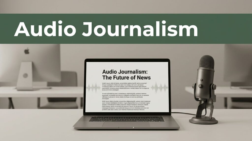 A laptop and studio microphone on a clean desk in a modern newsroom.